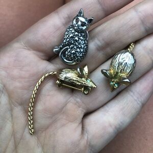 Vintage Mouse Brooch Green Rhinestone Eyes & Movable Tail + Silver Kitty Cat Pin
